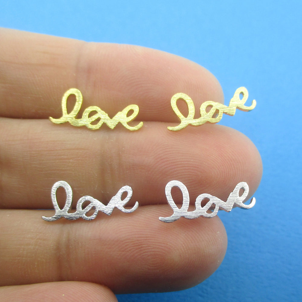 Cursive Hand Written Love Letter Typography Stud Earrings in Gold or Silver