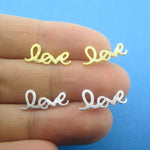 Cursive Hand Written Love Letter Typography Stud Earrings in Gold or Silver