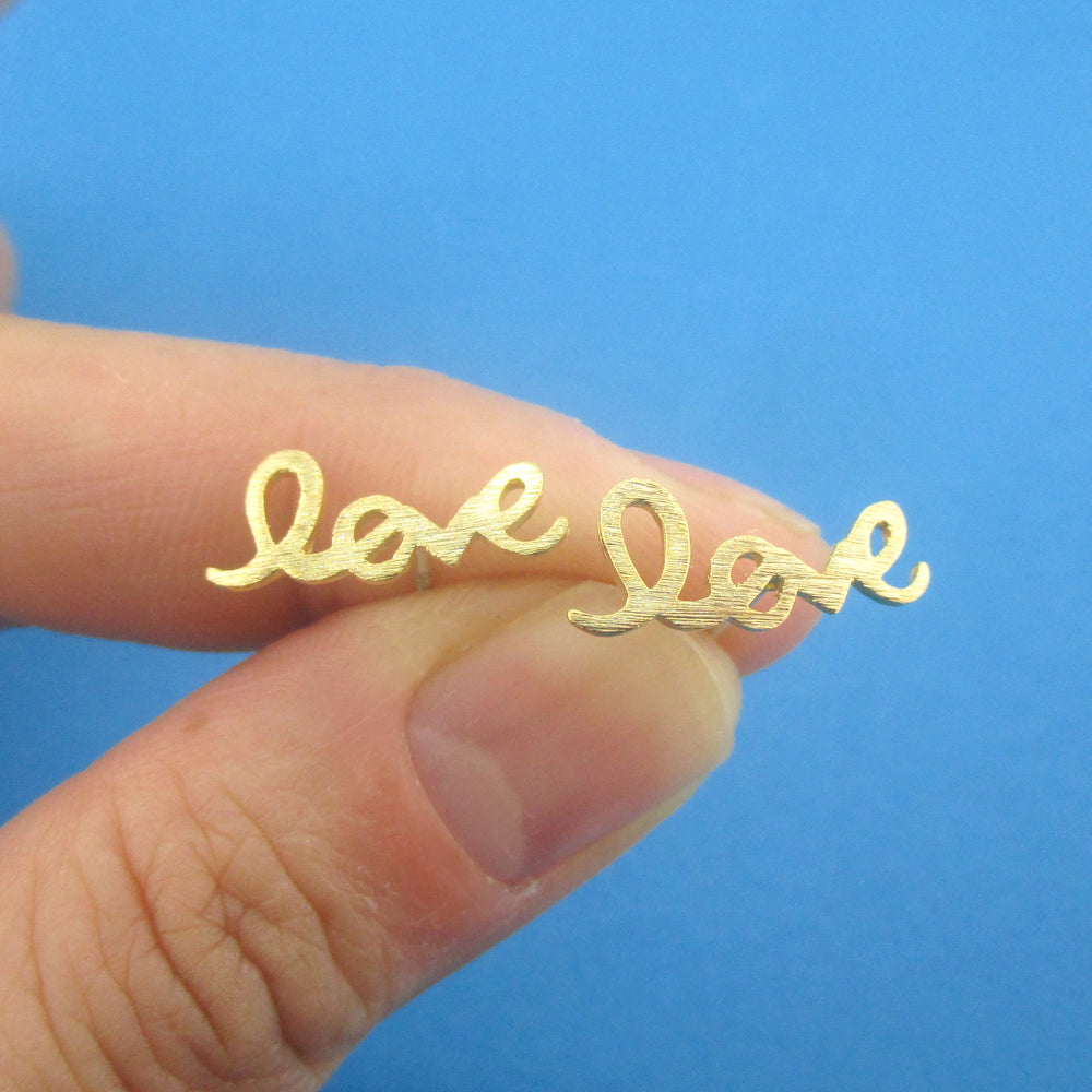 Cursive Hand Written Love Letter Typography Stud Earrings in Gold or Silver