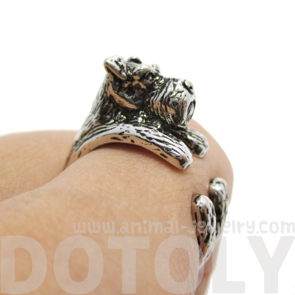 3D Miniature Schnauzer Dog Shaped Animal Wrap Ring in Shiny Silver | US Sizes 5 to 9 | DOTOLY