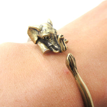 3D Baby Elephant Wrapped Around Your Wrist Shaped Bangle Bracelet in Brass | DOTOLY