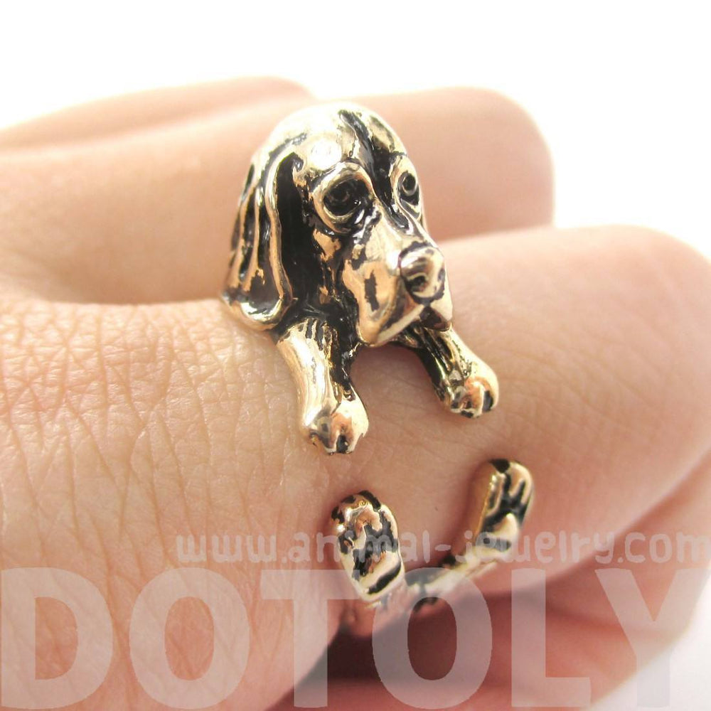 3D Basset Hound Dog Shaped Animal Wrap Ring in Shiny Gold | Sizes 4 to 8.5 | DOTOLY