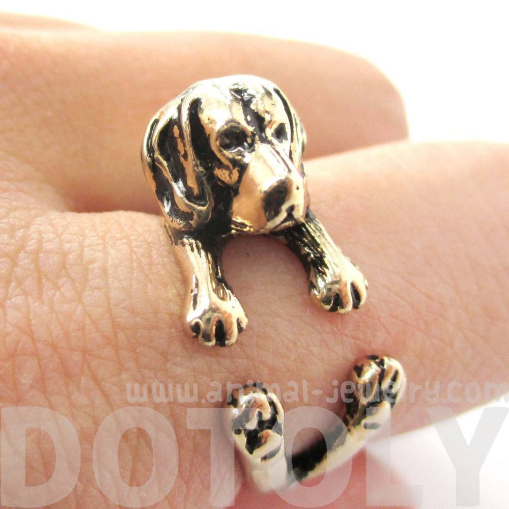 3D Beagle Dog Shaped Animal Wrap Ring in Shiny Gold | Sizes 4 to 8.5 | DOTOLY