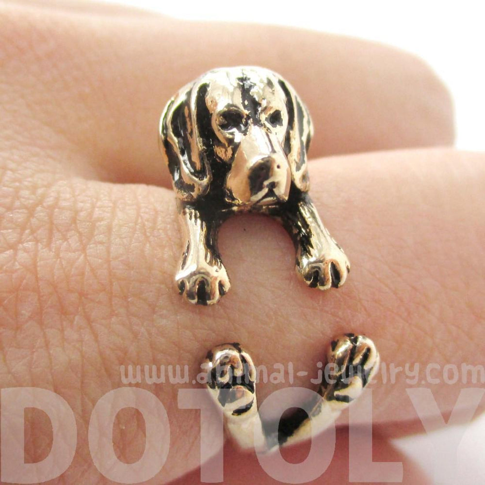 3D Beagle Dog Shaped Animal Wrap Ring in Shiny Gold | Sizes 4 to 8.5 | DOTOLY