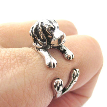 3D Beagle Dog Shaped Animal Wrap Ring in Shiny Silver | Sizes 4 to 8.5 | DOTOLY