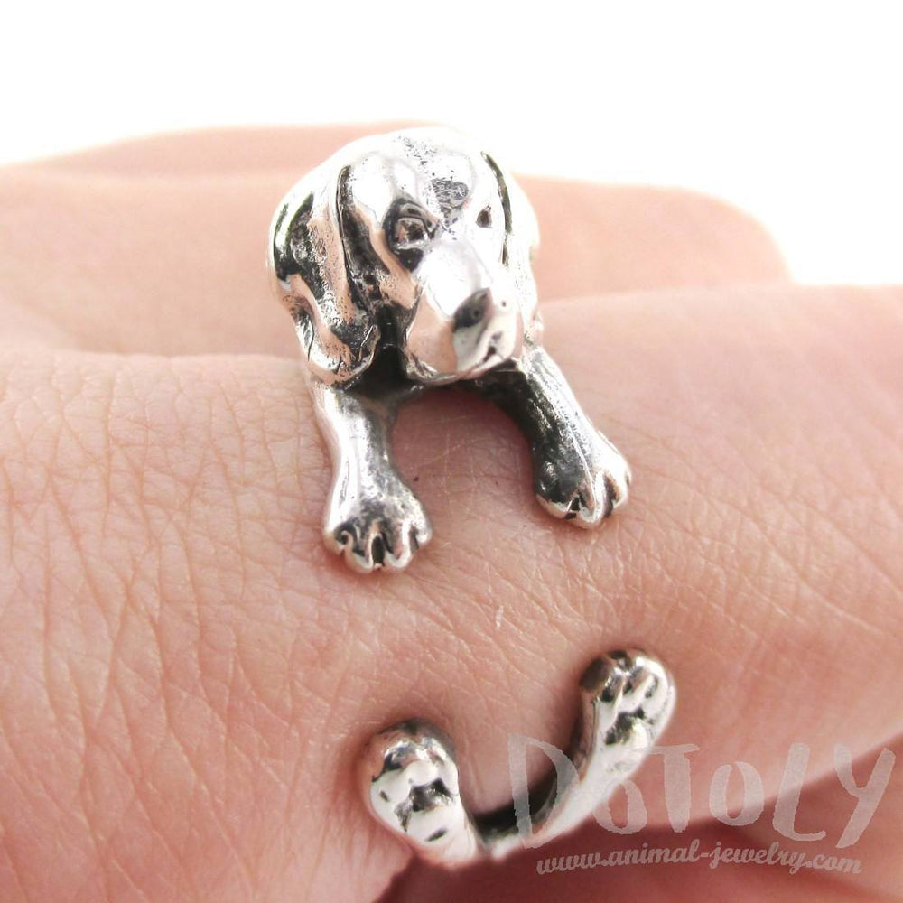 3D Beagle Puppy Shaped Animal Wrap Ring in 925 Sterling Silver | Sizes 4 to 8.5 | DOTOLY