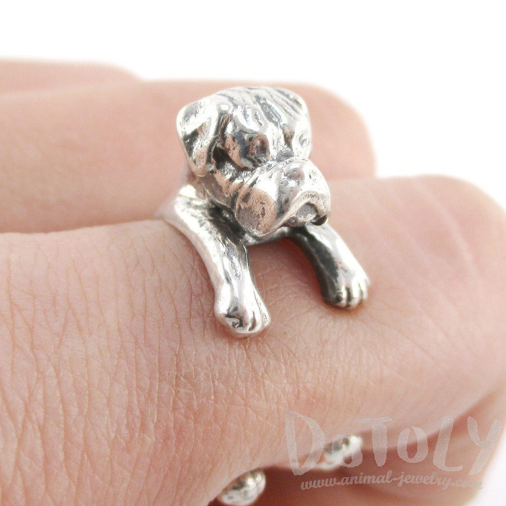 3D Boxer Dog Shaped Animal Wrap Ring in 925 Sterling Silver | Sizes 3 to 7 | DOTOLY