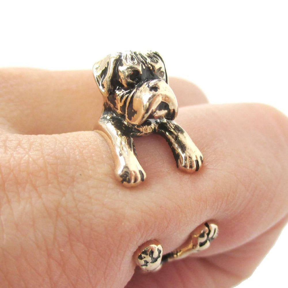 3D Boxer Dog Shaped Animal Wrap Ring in Shiny Gold | Sizes 4 to 8.5 | DOTOLY