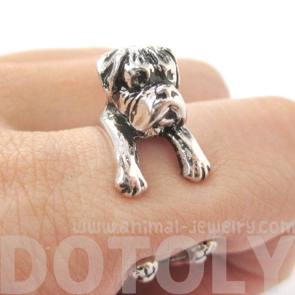 3D Boxer Dog Shaped Animal Wrap Ring in Shiny Silver | Sizes 4 to 8.5 | DOTOLY