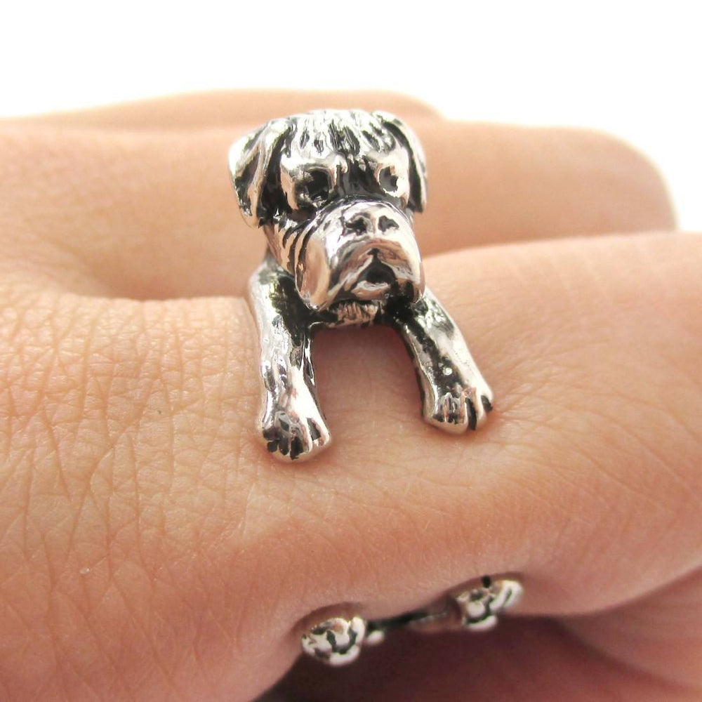 3D Boxer Dog Shaped Animal Wrap Ring in Shiny Silver | Sizes 4 to 8.5 | DOTOLY