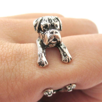3D Boxer Dog Shaped Animal Wrap Ring in Shiny Silver | Sizes 4 to 8.5 | DOTOLY