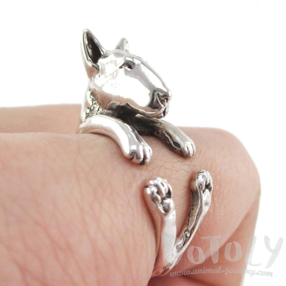 3D Bull Terrier Dog Shaped Animal Wrap Ring in 925 Sterling Silver | US Sizes 4 to 8.5 | DOTOLY