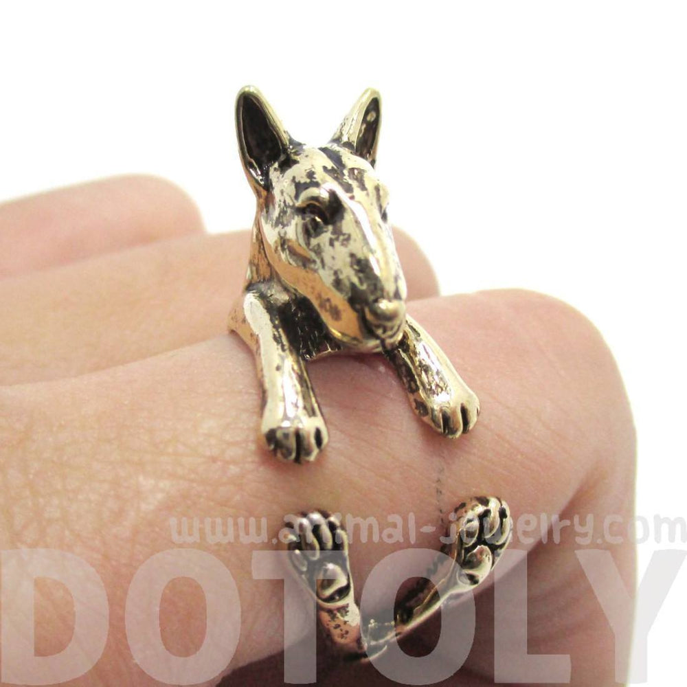 3D Bull Terrier Dog Shaped Animal Wrap Ring in Shiny Gold | US Sizes 5 to 9 | DOTOLY