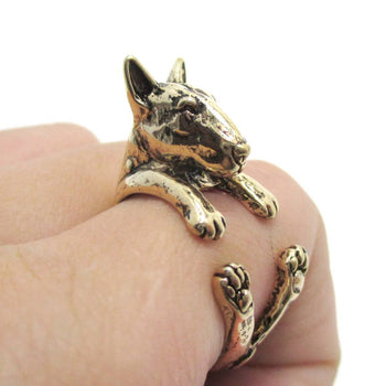 3D Bull Terrier Dog Shaped Animal Wrap Ring in Shiny Gold | US Sizes 5 to 9 | DOTOLY
