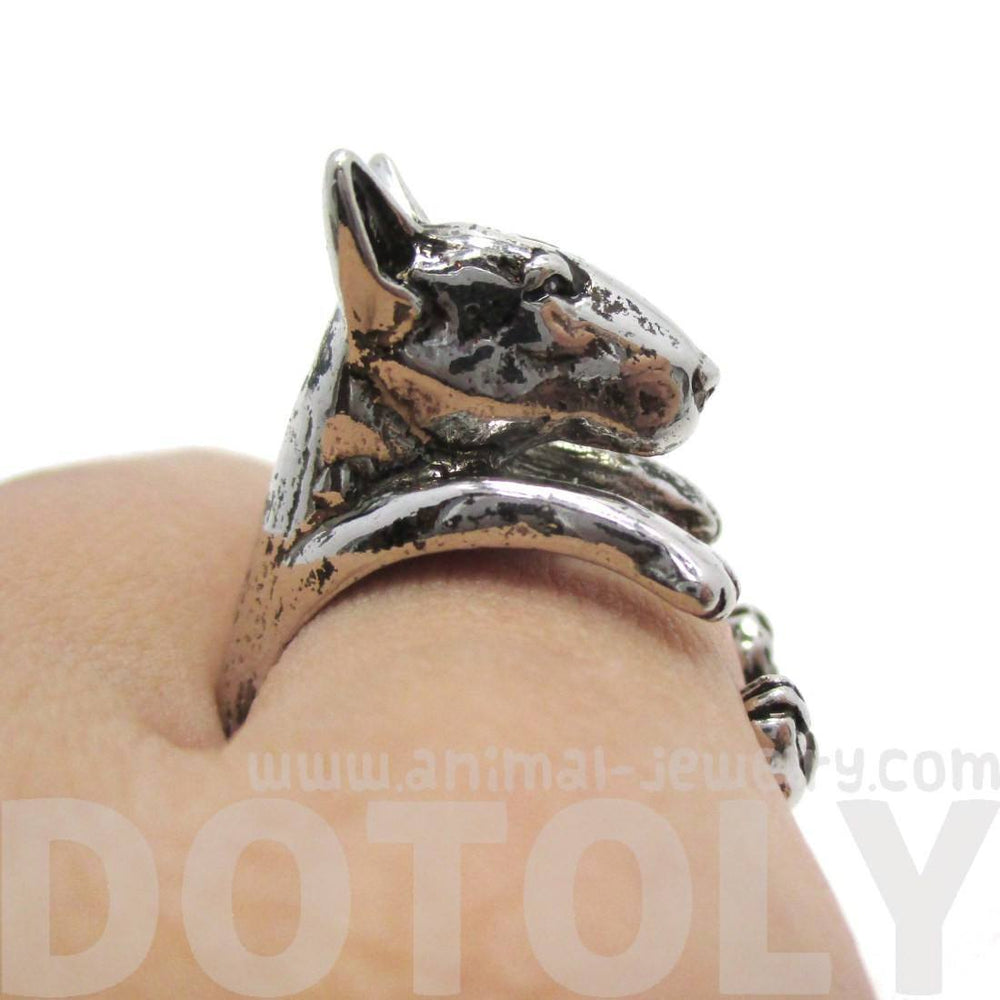 3D Bull Terrier Dog Shaped Animal Wrap Ring in Shiny Silver | US Sizes 5 to 9 | DOTOLY