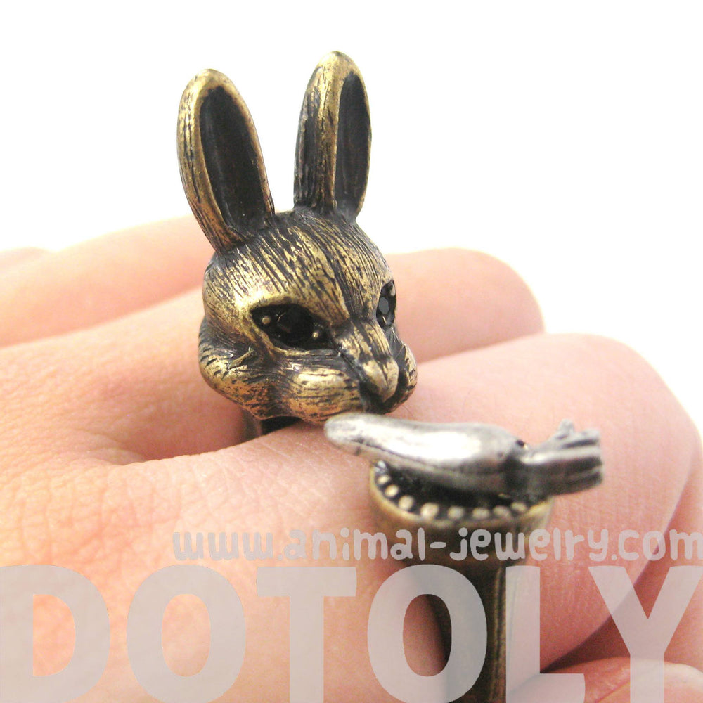 3D Bunny Rabbit with Carrot Animal Wrap Ring in Brass | US Sizes 8 to 11 | DOTOLY