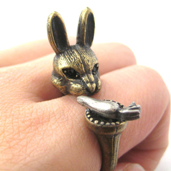 3D Bunny Rabbit with Carrot Animal Wrap Ring in Brass | US Sizes 8 to 11 | DOTOLY