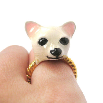 3D Chihuahua Dog Face Shaped Enamel Animal Ring in White | Limited Edition Jewelry | DOTOLY