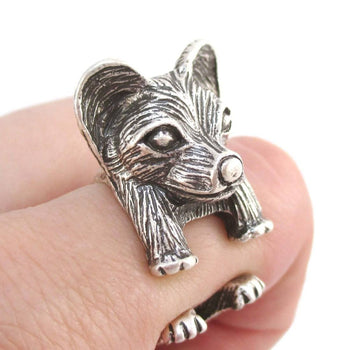 3D Continental Toy Spaniel Papillon Dog Shaped Animal Ring in Silver