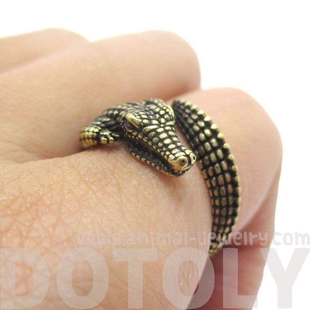 3D Crocodile Alligator Shaped Animal Wrap Around Ring in Brass | US Size 5 to 9 Available | DOTOLY