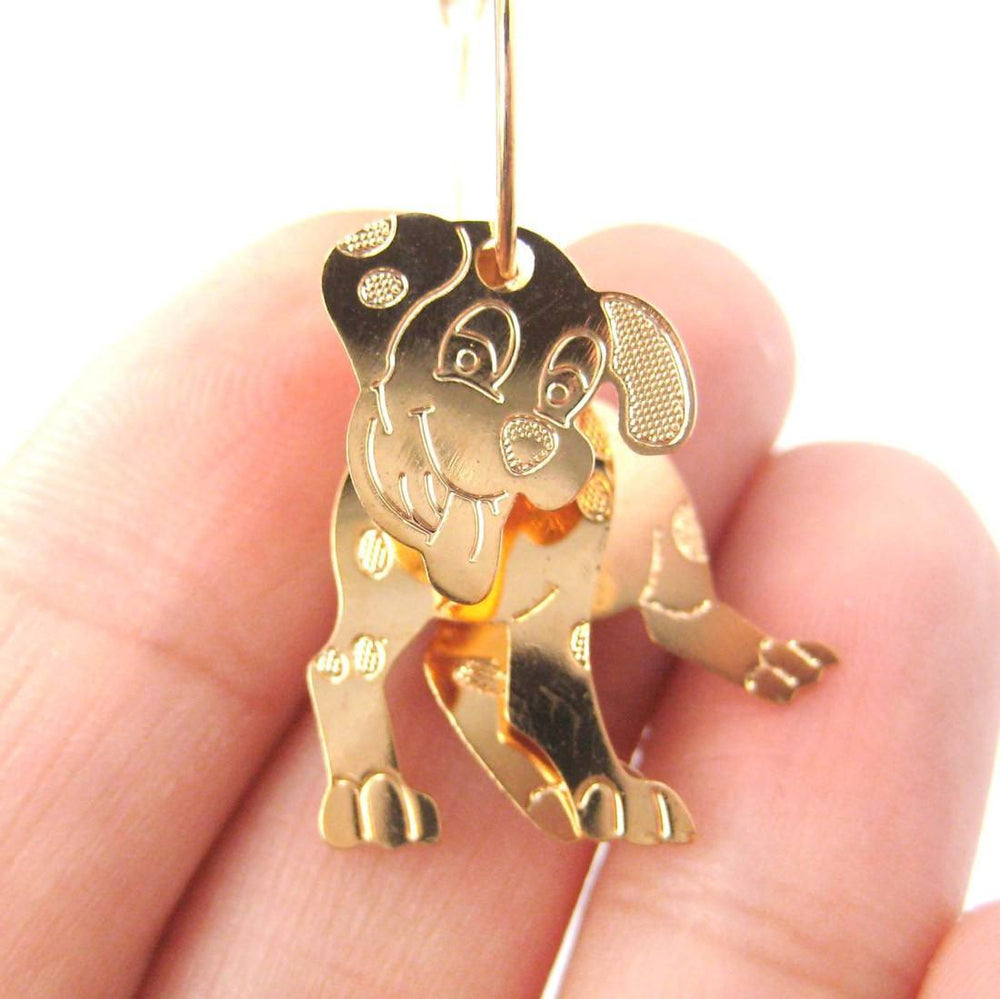 3D Dalmatian Puppy Dog Shaped Dangle Hoop Earrings in Gold | Animal Jewelry | DOTOLY