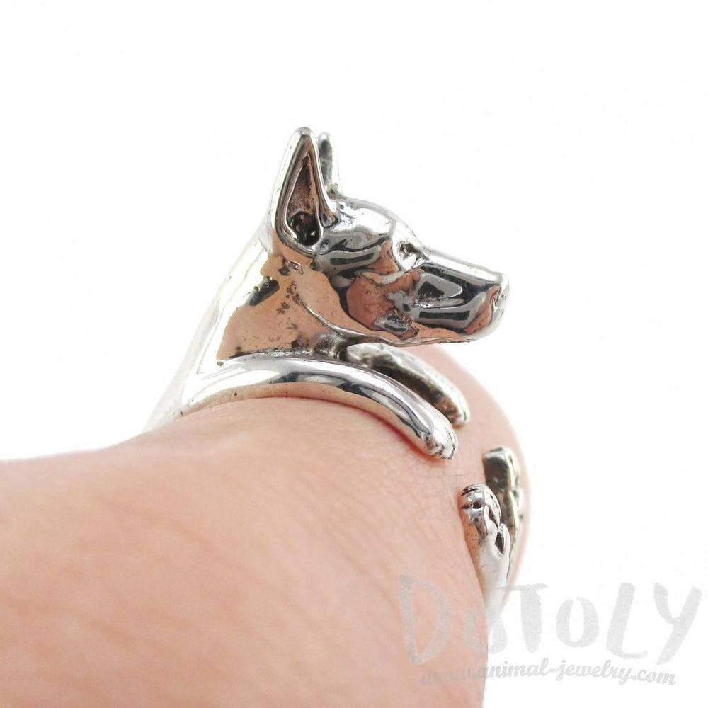 3D Doberman Pinscher Dog Shaped Animal Wrap Ring in 925 Sterling Silver | Sizes 5 to 8.5 | DOTOLY