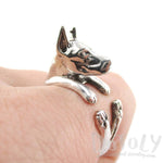 3D Doberman Pinscher Dog Shaped Animal Wrap Ring in 925 Sterling Silver | Sizes 5 to 8.5 | DOTOLY