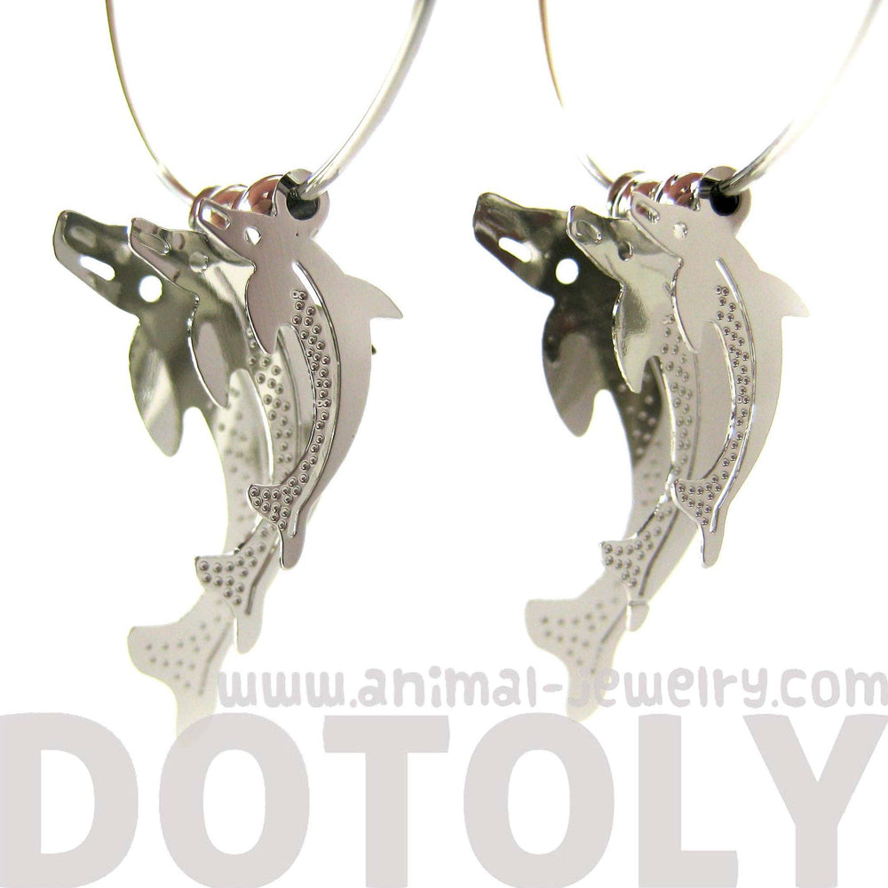 3D Dolphin Shaped Dangle Hoop Earrings in Silver | Animal Jewelry | DOTOLY