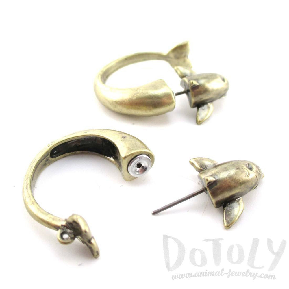 3D Dolphin Shaped Front and Back Two Part Stud Earrings in Brass | DOTOLY