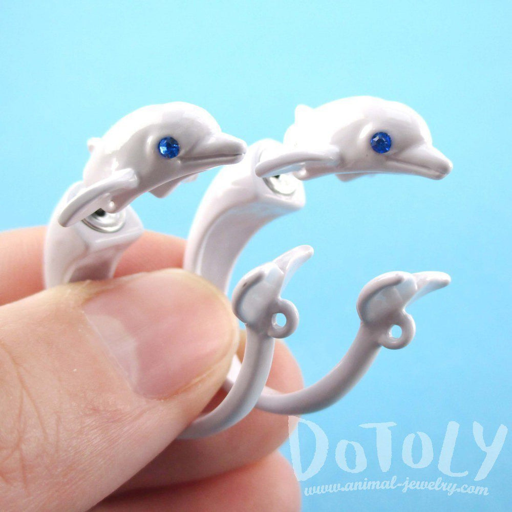 3D Dolphin Shaped Front and Back Two Part Stud Earrings in White | DOTOLY