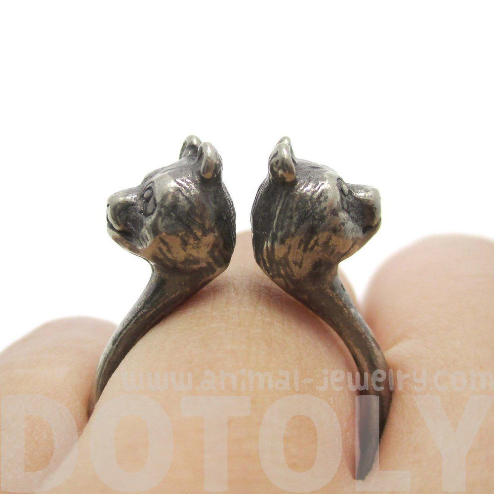3D Double Panda Bear Head Shaped Ring in Silver | Animal Jewelry | DOTOLY