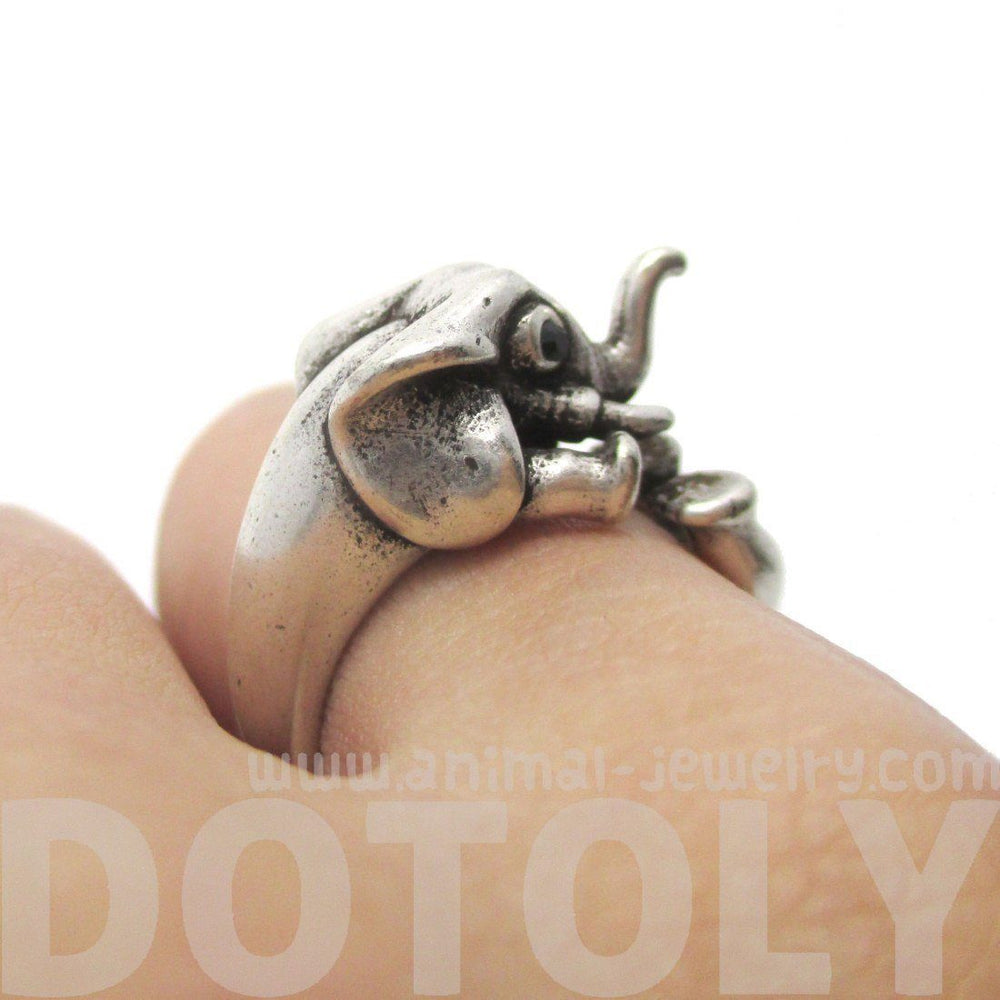 3D Elephant Shaped Animal Hug Ring in Silver | US Sizes 6 to 8 | DOTOLY