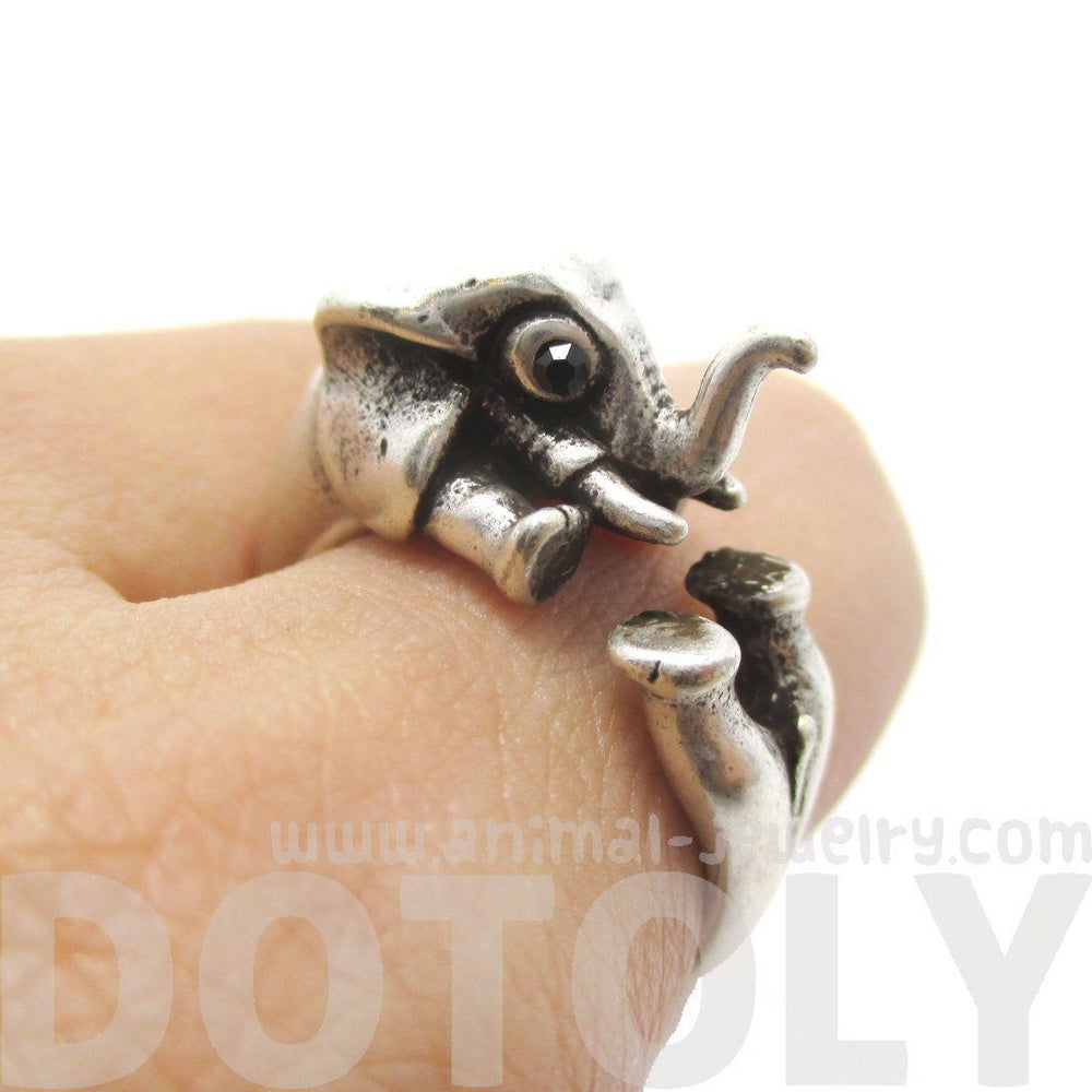3D Elephant Shaped Animal Hug Ring in Silver | US Sizes 6 to 8 | DOTOLY