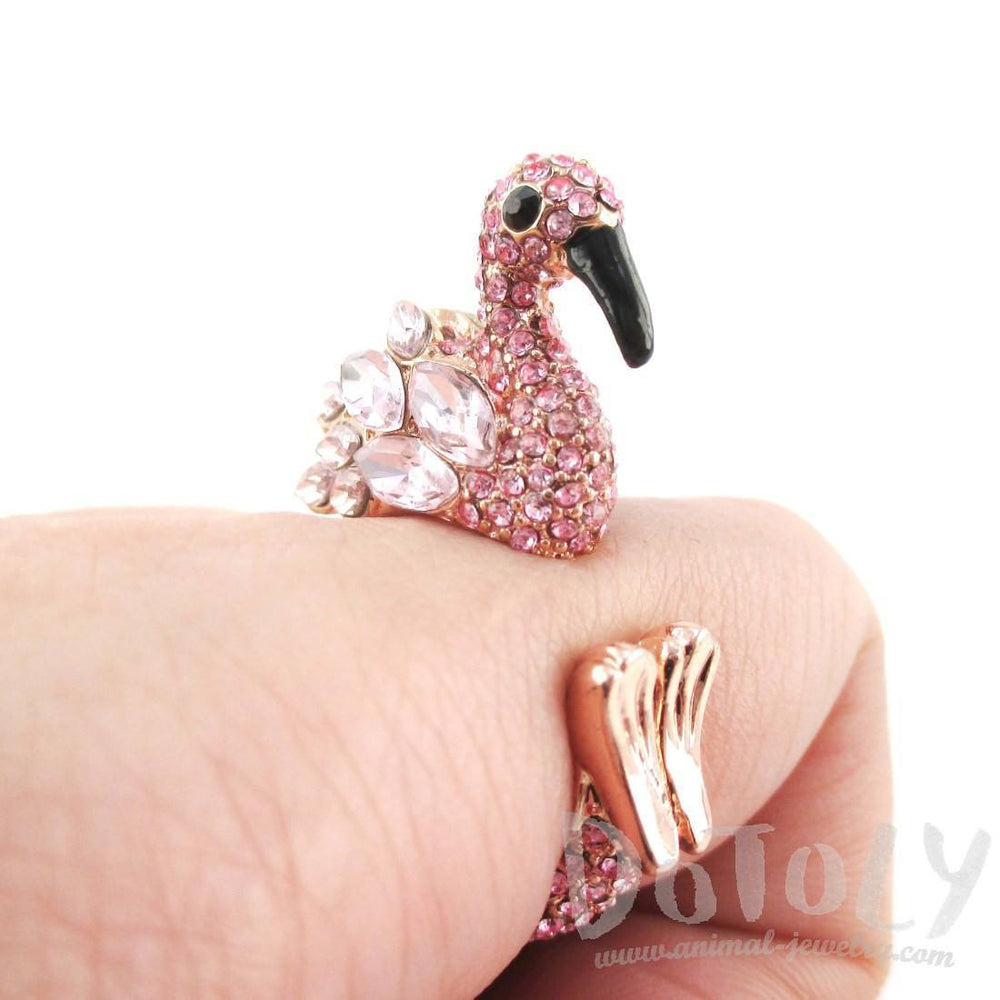 3D Flamingo Bird Shaped Animal Wrap Ring in Pink with Rhinestones | US Size 6 to 7 | DOTOLY