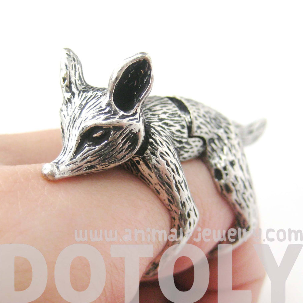 3D Fox Wolf Shaped Animal Wrap Armor Knuckle Joint Ring in Silver | Size 5 to 9 | DOTOLY