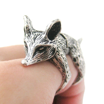 3D Fox Wolf Shaped Animal Wrap Armor Knuckle Joint Ring in Silver | Size 5 to 9 | DOTOLY