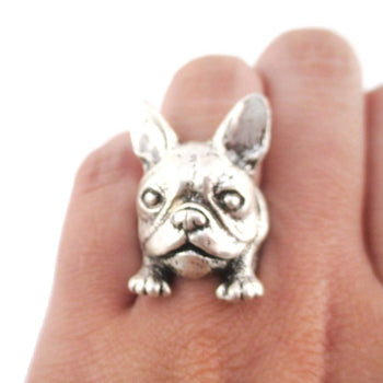 3D French Bulldog Face Shaped Animal Ring in Silver | Animal Jewelry