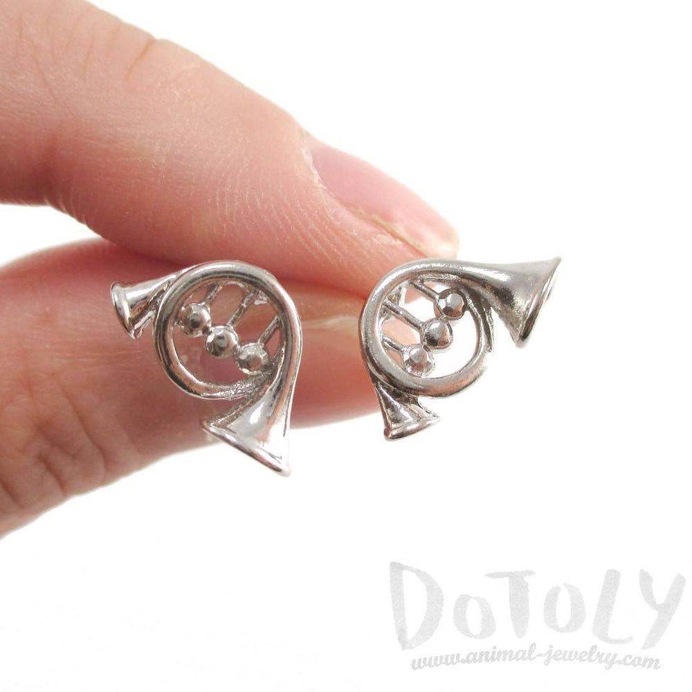 3D French Horn Shaped Music Themed Stud Earrings in Silver | DOTOLY | DOTOLY