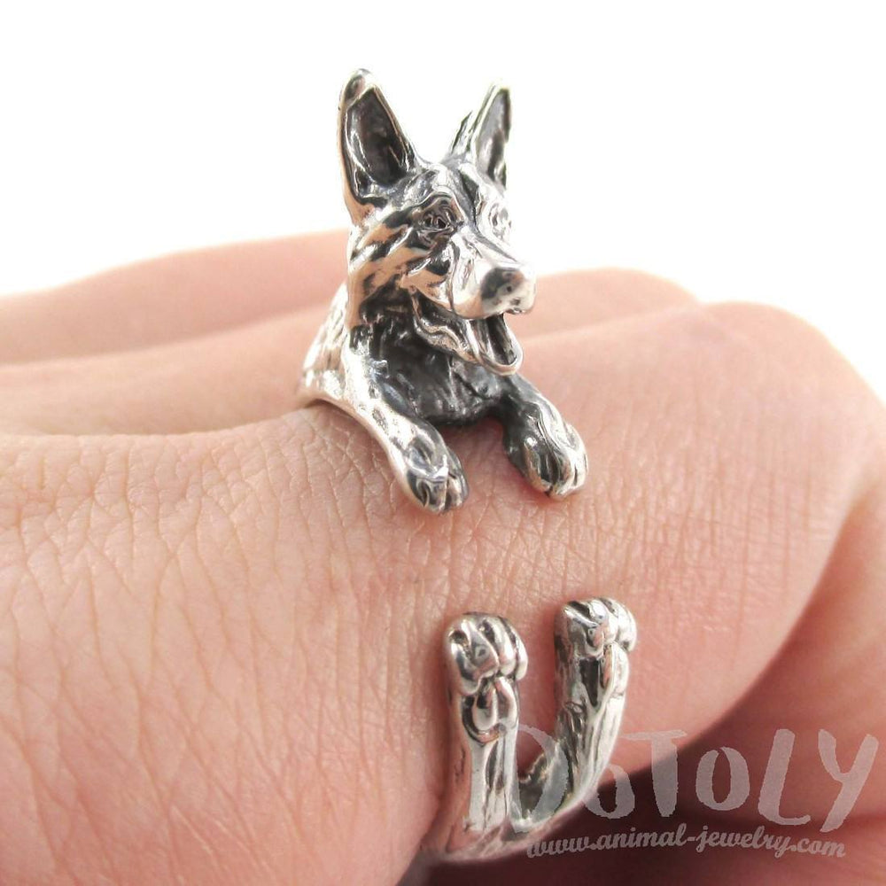 3D German Shepherd Shaped Animal Ring in 925 Sterling Silver | Sizes 5 to 9 | DOTOLY