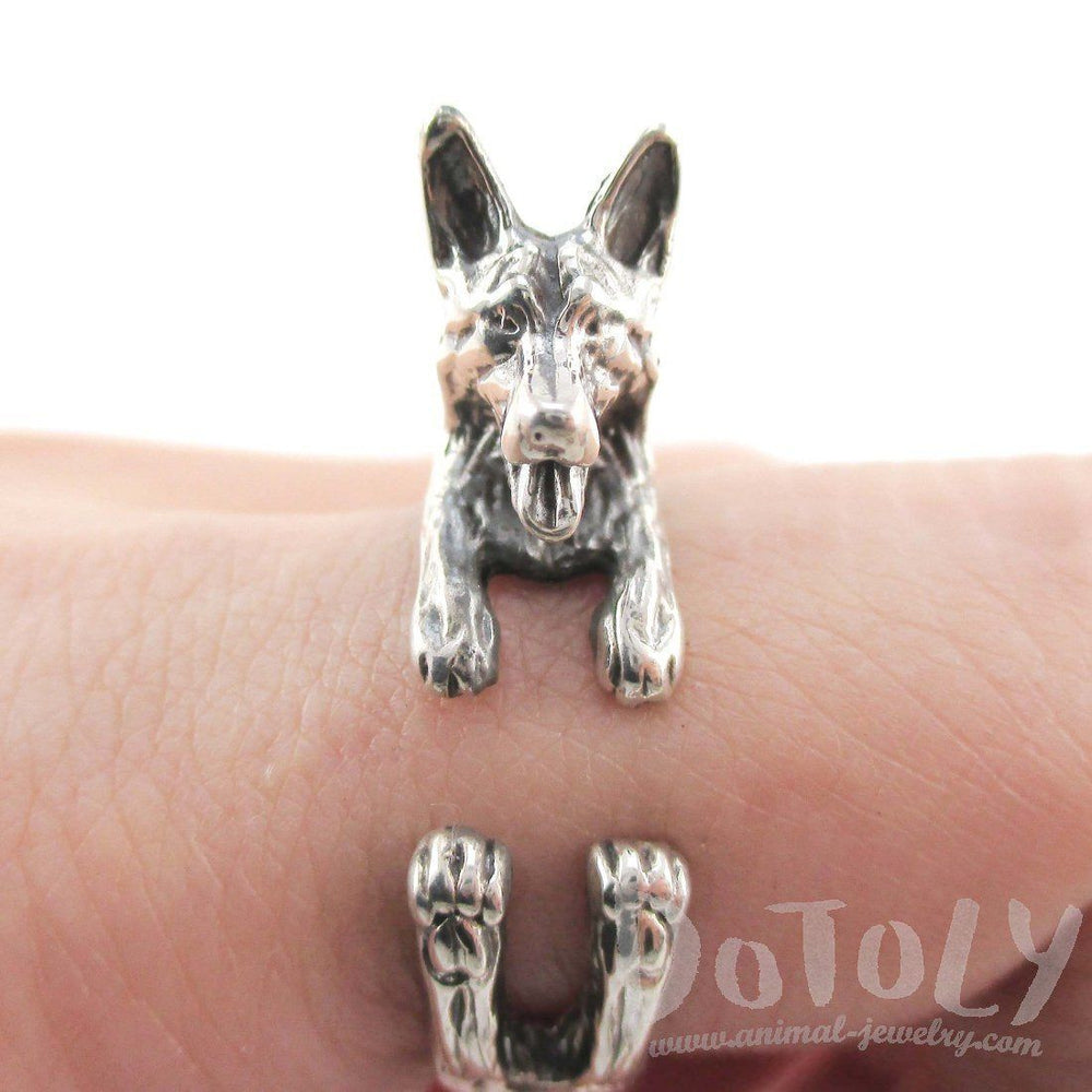 3D German Shepherd Shaped Animal Ring in 925 Sterling Silver | Sizes 5 to 9 | DOTOLY