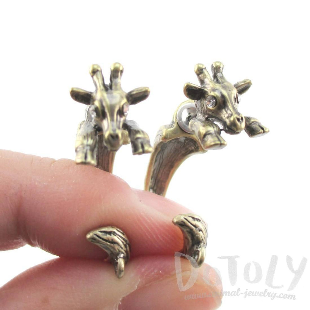 3D Giraffe Shaped Front and Back Two Part Stud Earrings in Brass | DOTOLY