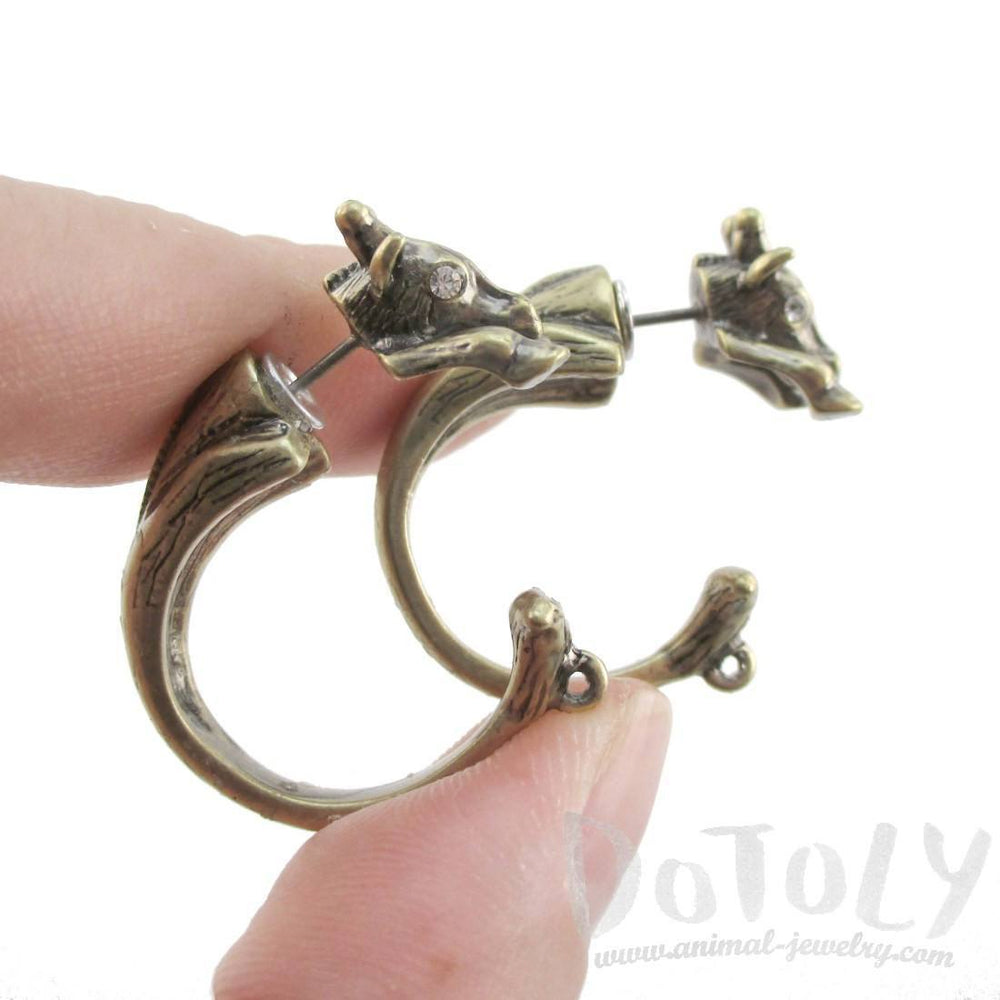 3D Giraffe Shaped Front and Back Two Part Stud Earrings in Brass | DOTOLY