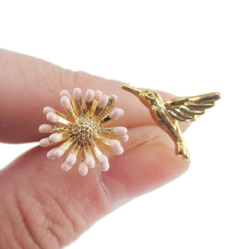 Hummingbird and Flower Shaped Stud Earrings in Gold | Animal Jewelry