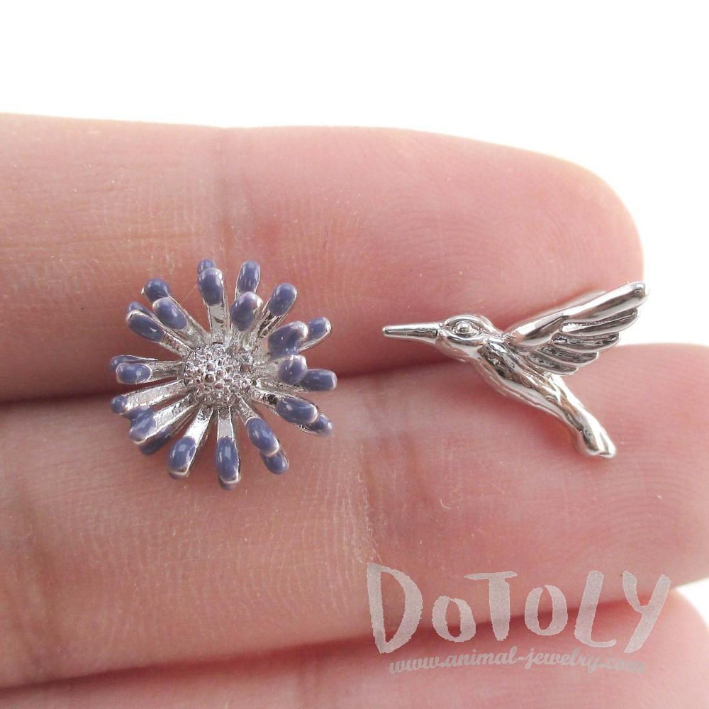 Hummingbird and Flower Shaped Stud Earrings in Silver | Animal Jewelry