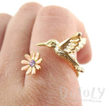 3D Hummingbird and Flower Wrap Around Adjustable Ring in Gold | DOTOLY