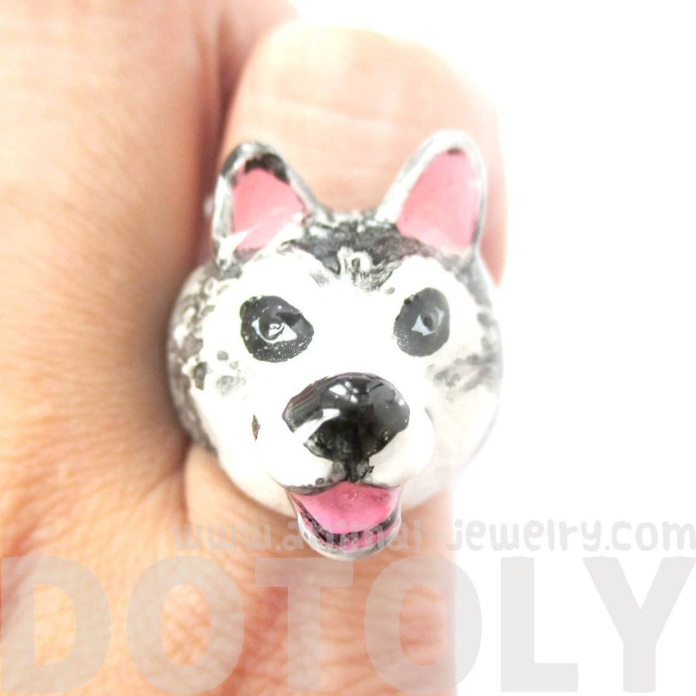 3D Husky Dog Face Shaped Enamel Animal Ring in US Size 7 and 8 | Limited Edition | DOTOLY