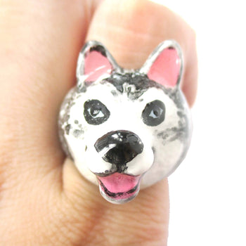 3D Husky Dog Face Shaped Enamel Animal Ring in US Size 7 and 8 | Limited Edition | DOTOLY