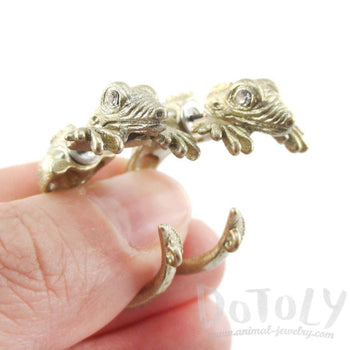 3D Iguana Lizard Shaped Front and Back Two Part Stud Earrings in Gold | DOTOLY