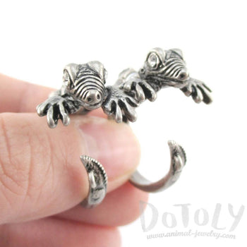 3D Iguana Lizard Shaped Front and Back Two Part Stud Earrings in Silver | DOTOLY