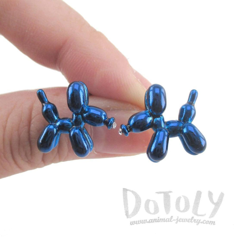 3D Jeff Koons Balloon Dog Shaped Stud Earrings in Bright Blue | DOTOLY